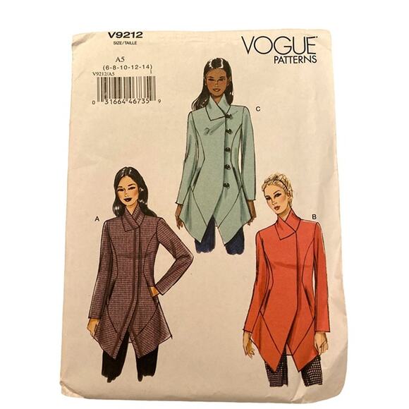 Sewing Pattern Vogue V9212 6-14 Lined Jacket Princess Seam Asymmetrical - Picture 1 of 5